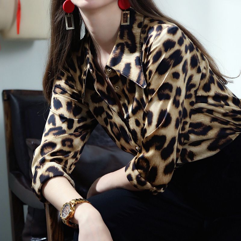 高端豹纹印花真丝衬衫女长袖上衣内搭设计感小众打底桑蚕丝衬衣秋