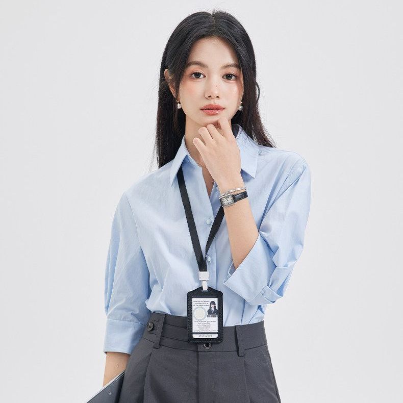 蓝色短袖衬衫女正肩夏新款大学生面试上岸通勤职业正装办公室衣服