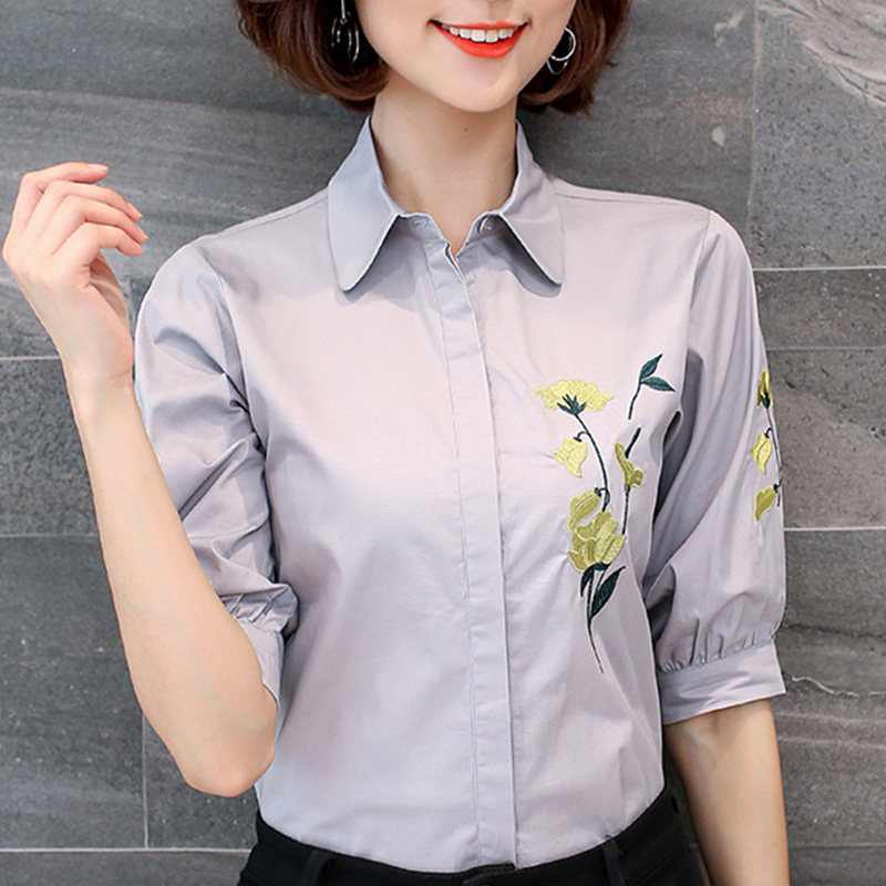 时尚刺绣村衫女短袖新款夏季妈妈装洋气衬衣气质减龄简约百搭上衣