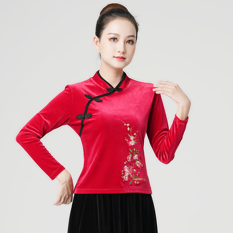 广场舞服装新款上衣秋冬长袖金丝绒绣花舞蹈服刺绣中老年跳舞衣服