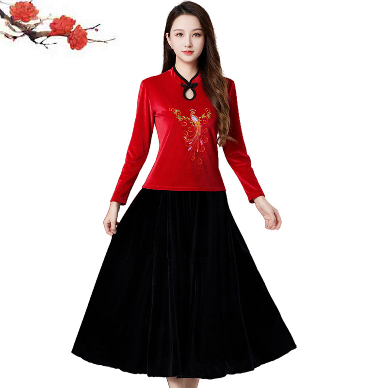 春秋广场舞服装金丝绒刺绣套装