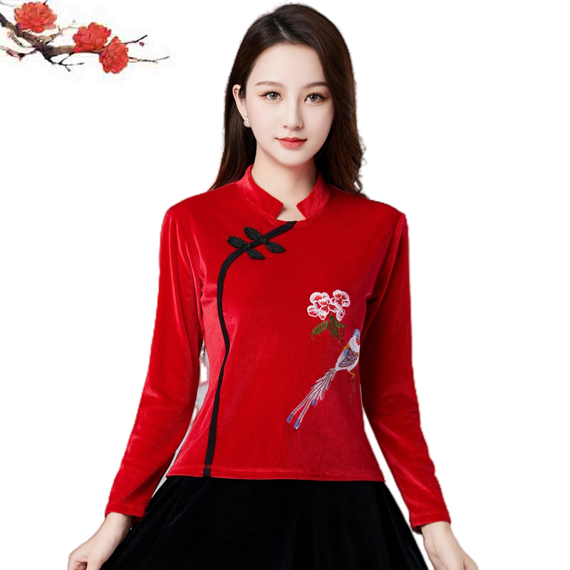 春秋广场舞服装新款上衣舞蹈服中老年中袖民族风刺绣表演跳舞衣服