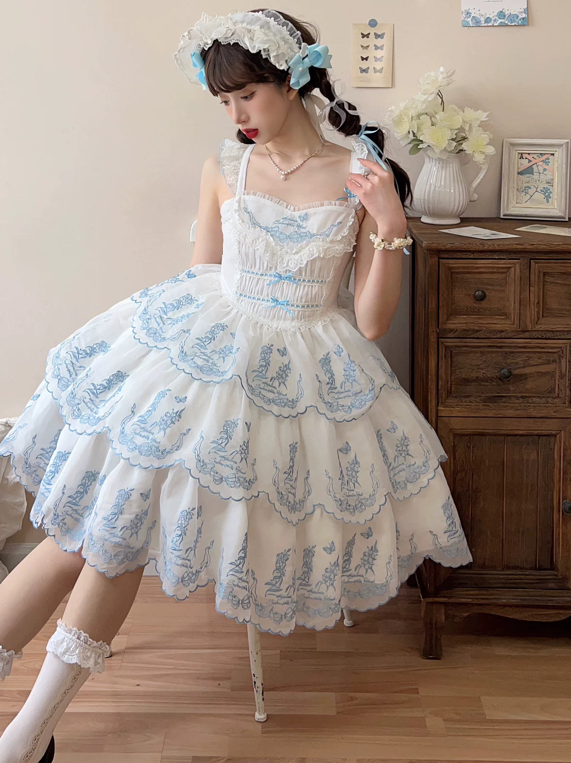 Платье с бантом, (Physicals), с вышивкой, Lolita jsk, цветочное, в стилеLolita