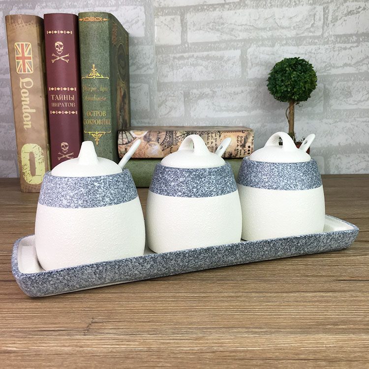 日式地中海素厨房陶瓷 调味罐套装 调味瓶调味盒套装盐罐子糖罐子