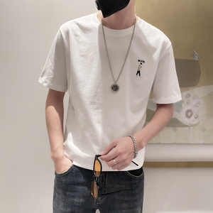 9226-P45控65宽松休闲短袖T恤男2025春夏新款圆领刺绣体恤半袖白图片