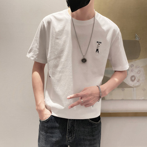 9226-P45控65宽松休闲短袖T恤男2025春夏新款圆领刺绣体恤半袖白图片