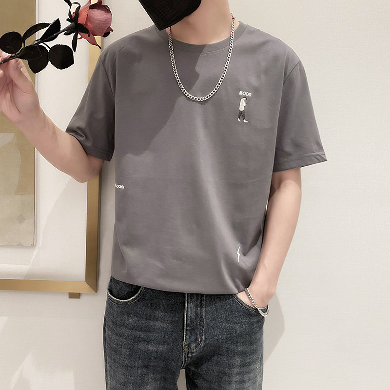 9226-P45控65宽松休闲短袖T恤男2025春夏新款圆领刺绣体恤半袖灰,男装T恤,星座1101-1