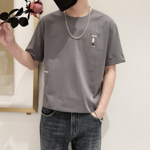 9226-P45控65宽松休闲短袖T恤男2025春夏新款圆领刺绣体恤半袖灰图片