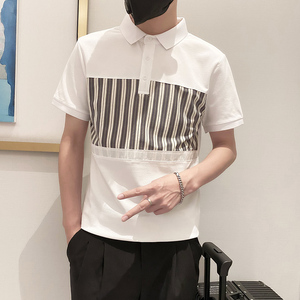 6885-P58控782025春夏新款时尚拼接POLO衫男翻领短袖T恤保罗衫白