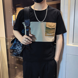 9276P45控65夏季圆领男日系拼接印花短袖T恤衫拼色体恤打底衫黑，男装T恤，星座1101-1