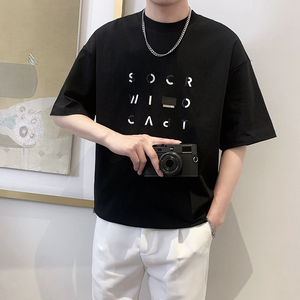 T9555-P55控75时尚立体字母短袖T恤男士2025春夏新款宽松体恤衫黑图片