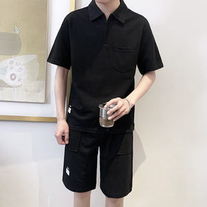 TZ1923-P95控128时尚翻领短袖套装男士简约款POLO衫短裤一套ins黑图片
