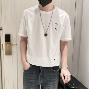 9226-P45控65宽松休闲短袖T恤男2025春夏新款圆领刺绣体恤半袖白图片