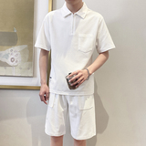 TZ1923-P95控128时尚翻领短袖套装男士简约款POLO衫短裤一套ins白，男装Polo衫，星座1101-1