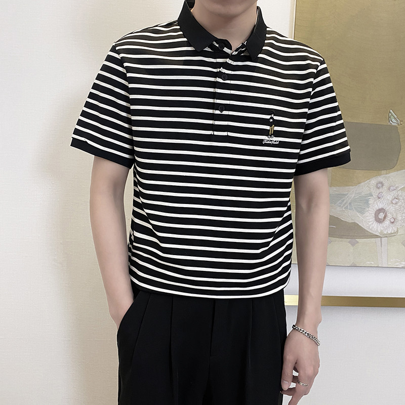 PL1166-P58控782025春夏时尚条纹POLO衫男韩版百搭短袖翻领T恤黑,男装T恤,星座1101-1