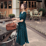 茶歇法式方领泡泡袖连衣裙女夏2025高级赫本风墨绿色波点雪纺长裙，女装连衣裙，浙宝217