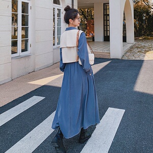 港风蓝色披肩连衣裙女两件套秋季2025年新款春装时尚套装显瘦长裙图片