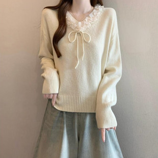 胖mm洋气减龄设计感毛衣 女春秋冬大码 法式 立体花朵V领系带针织衫