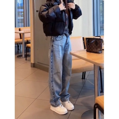 加绒加厚直筒牛仔裤女秋冬季2025新款阔腿裤大码胖mm显瘦弯刀裤子