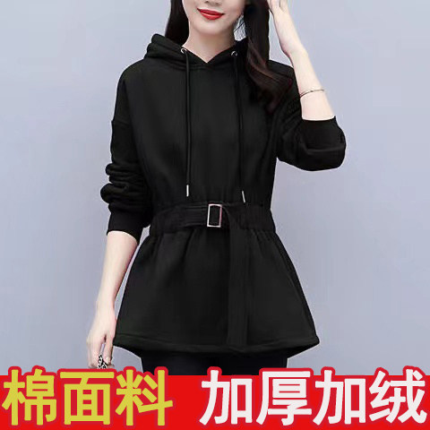 加绒加厚卫衣女秋冬季外穿连帽休闲风上衣宽松显瘦高档中长款外套