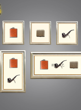 立体酒壶烟斗实物画酒店酒吧橙色装饰画 新北欧轻奢简约组合挂画