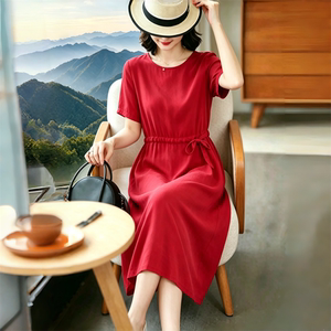 红色重磅真铜氨丝连衣裙女夏装新款高级感气质显瘦裙子下摆开叉