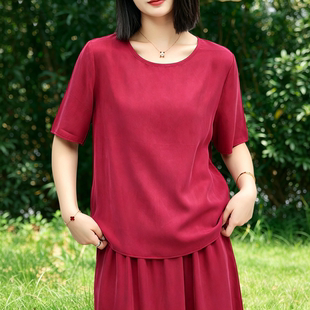 搭配裙子的上衣~新款重磅真铜氨丝宽松圆领百搭薄款短袖女士t恤夏