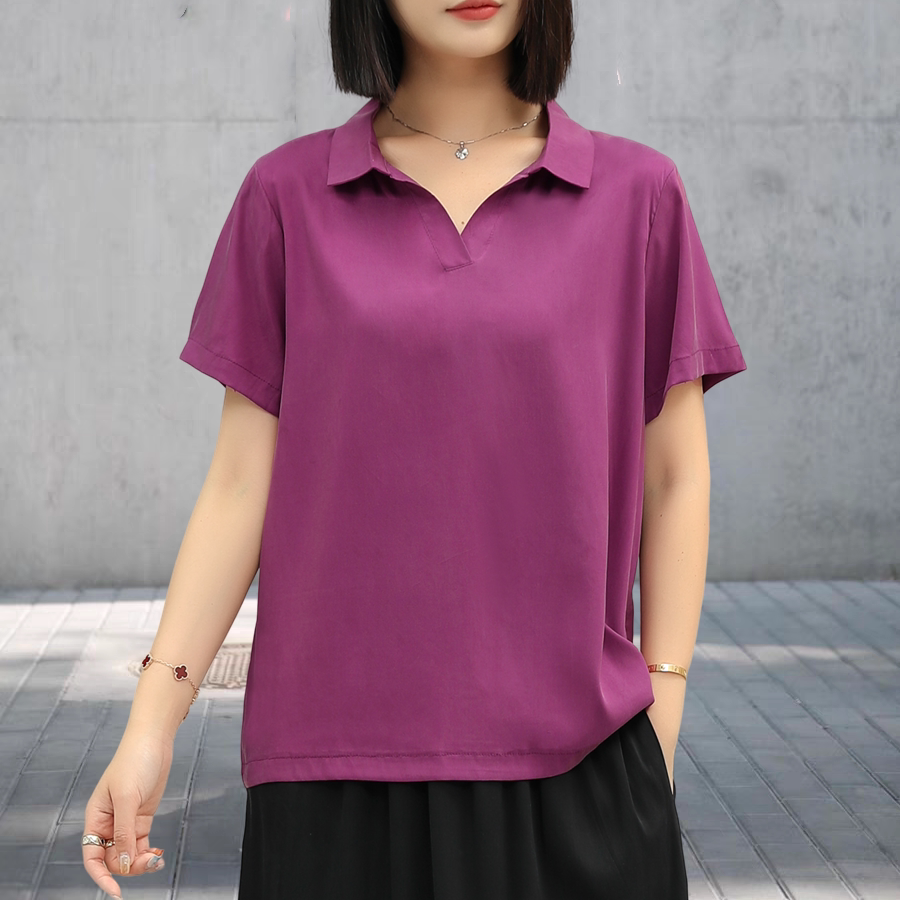 重磅弹力缎真铜氨丝衬衫女夏季2026翻领妈妈气质衬衣短袖上衣微弹