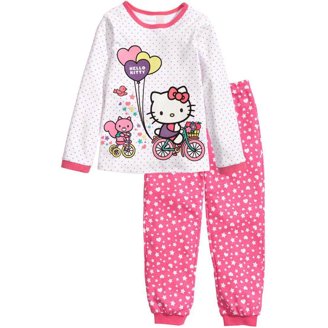 SPRING AUTUMN AND WINTER SEASONS KT CAT CARTOON HELLO KITTY CHILDRENS WOMENS COTTON LONG SLEEVE PAJAMAS HOME SERVICE SET