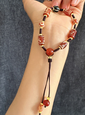 原创设计 藏式文玩古珠多宝手链如意三眼虎芽贵人老玛瑙天珠手绳