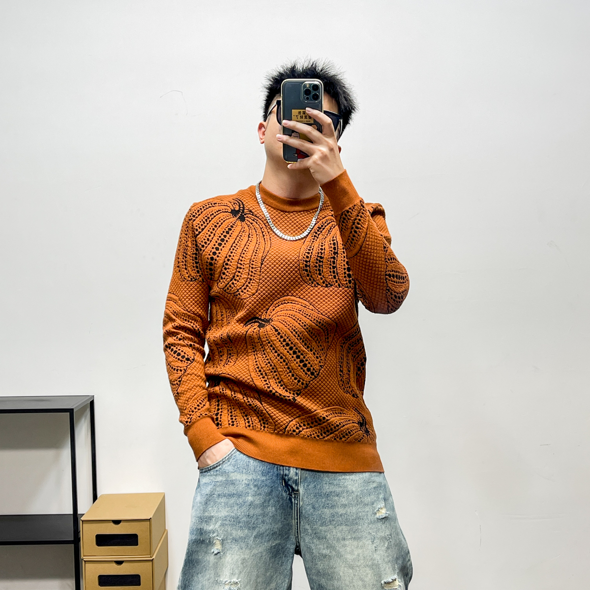 套头针织圆领南瓜提花毛衣