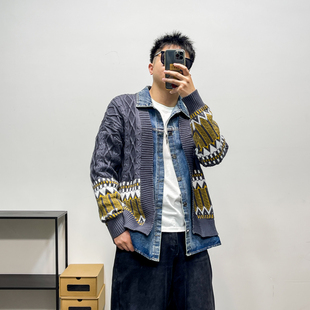 潮流宽松毛衣 牛仔假两件针织衫 男士 外套23秋冬设计感拼接开衫 个性