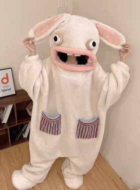 疯狂的兔子连体睡衣学生秋冬季搞怪抽象丑鱼睡袍小兔子搞笑珊瑚绒