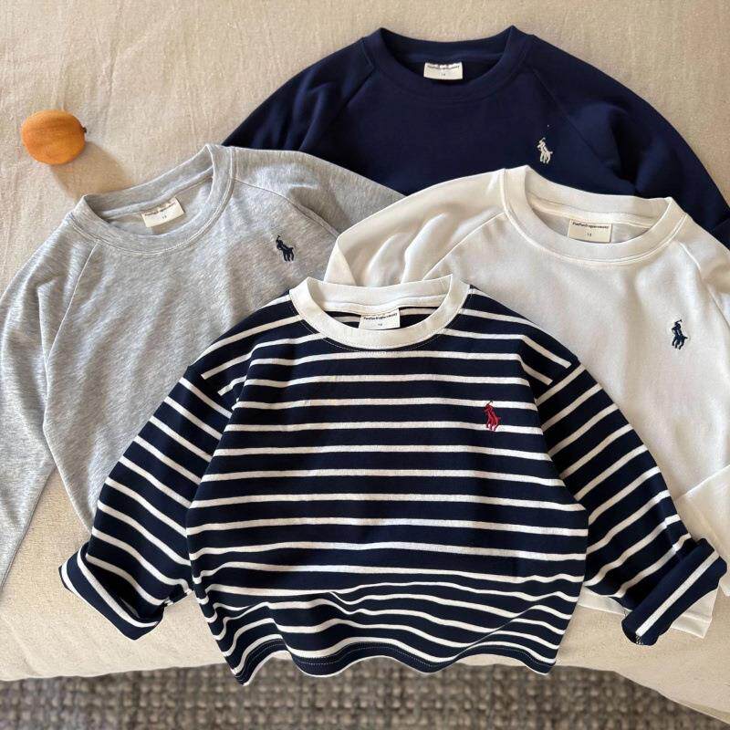 儿童纯棉长袖T恤新款春秋童装男女童潮牌刺绣条纹打底衫宝宝小童