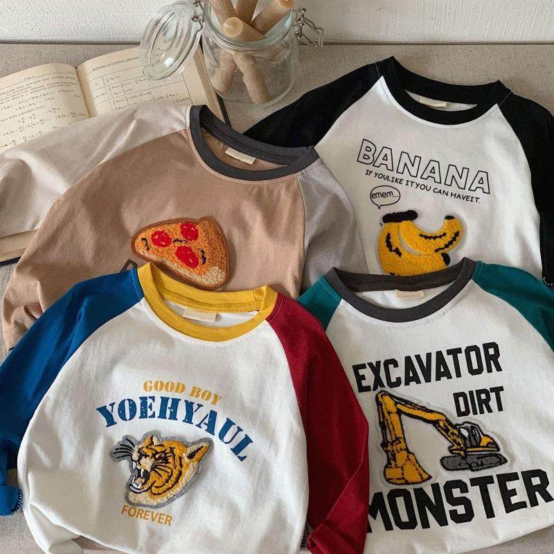 纯棉儿童长袖T恤卡通立体贴布男女童圆领拼色宝宝春秋童装打底衫