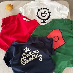 男女童潮牌夏季洋气短袖红色打底衫字母新款儿童宝宝T恤纯棉上衣