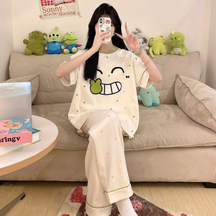 青少年睡衣女夏季纯棉短袖长裤卡通初中学生12大童15岁空调服套装