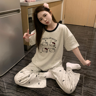 大童睡衣女夏季短袖长裤纯棉青少年初中学生卡通KT猫2025新款少女