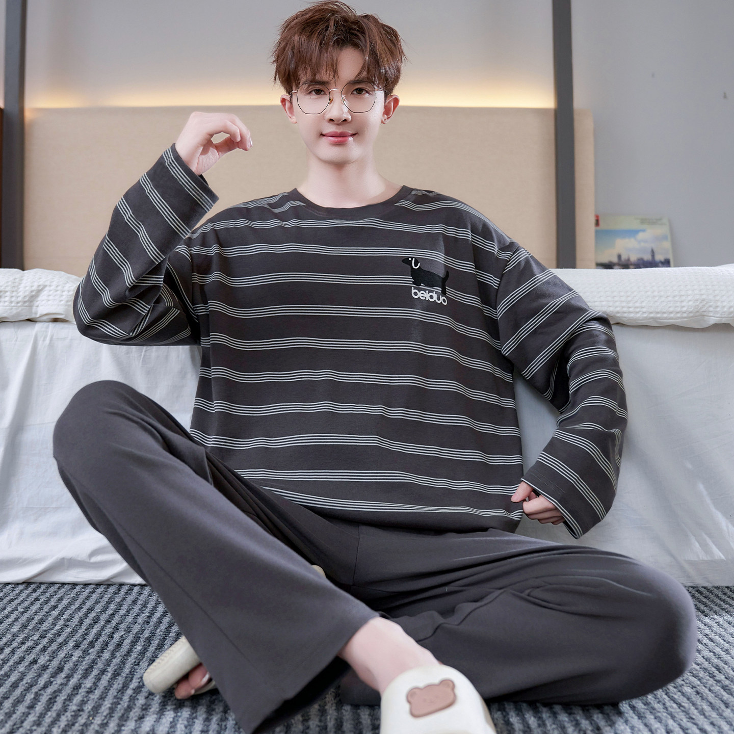 青少年睡衣男春秋纯棉长裤长裤卡通高初中学生大童15岁家居服套装图片