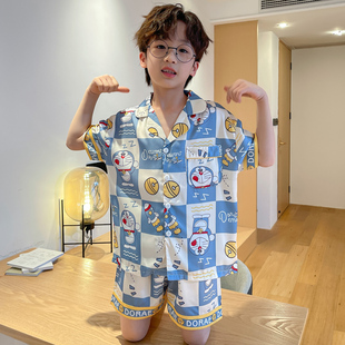 冰丝睡衣男童夏季短袖短裤儿童丝绸中大童卡通哆啦A梦男孩家居服