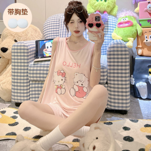少女初中学生可爱家居服 女士睡衣夏季 中大童卡通短裤 背心薄款 套装