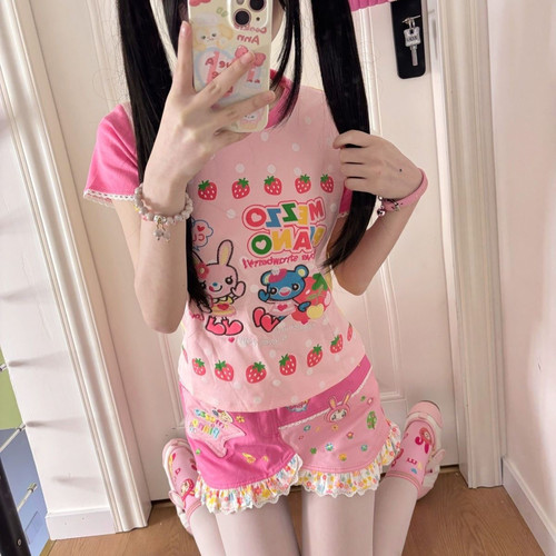 夏季日系童趣甜美短款卡通可爱古着印花学生软妹上衣短袖女