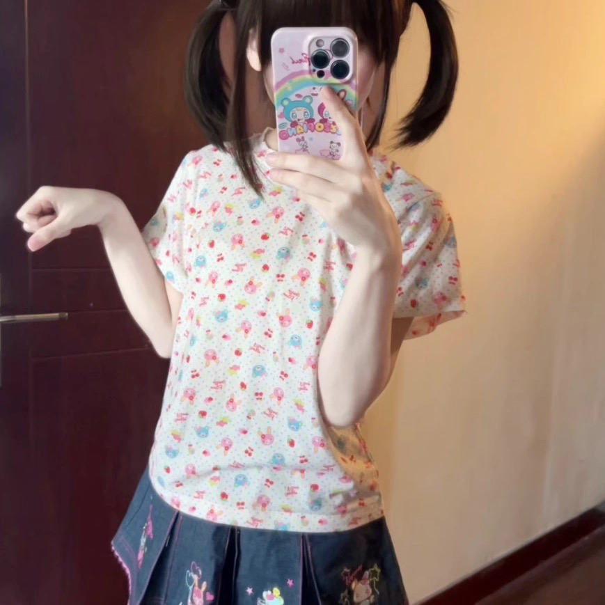 日系夏季mp女儿T恤软妹印花短袖可爱甜美卡通图案百搭修身上衣