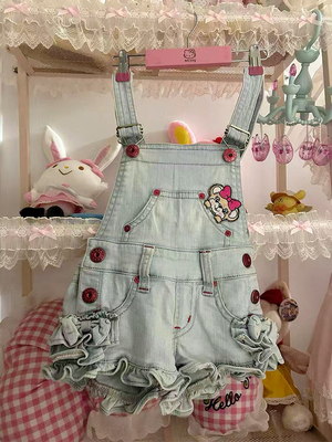 RichGirl日系可爱卡通刺绣甜美可爱复刻mp拼色软妹风背带裙牛仔裙