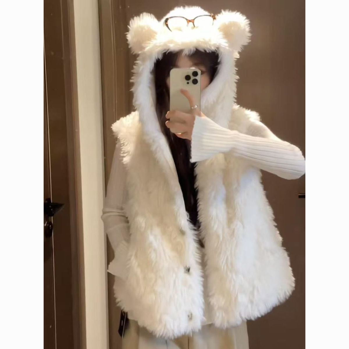 秋冬季新款羊羔毛马甲女小熊连帽坎肩小个子甜美可爱外套背心