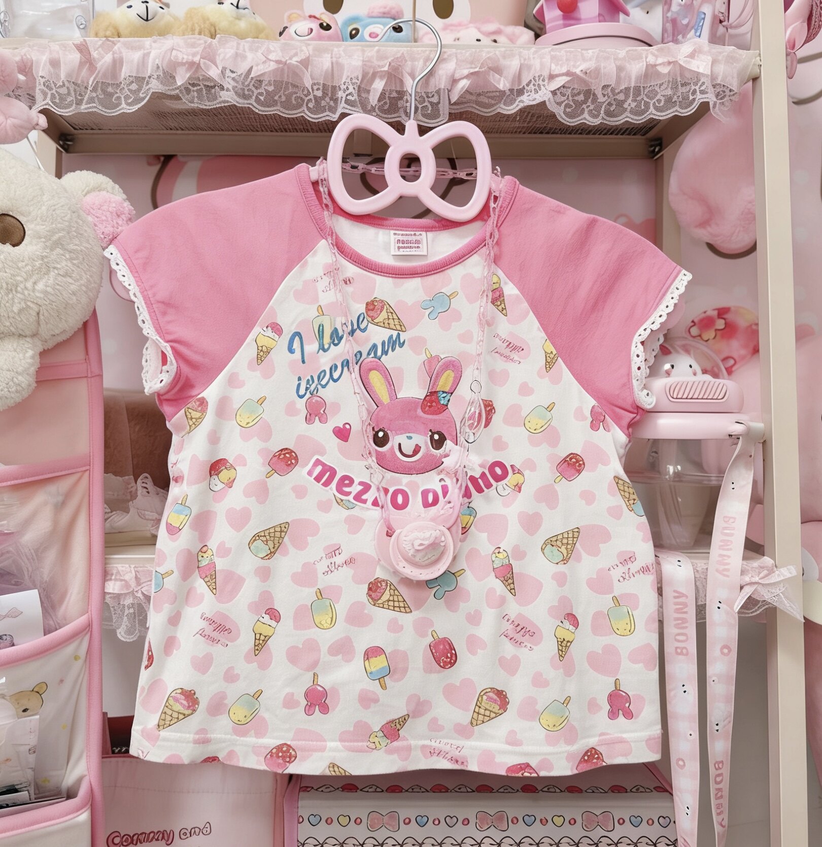 RichGirl甜度超标冰淇淋爱心满印短袖日系萌系兔子图案插肩袖上衣