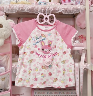 RichGirl甜度超标冰淇淋爱心满印短袖 上衣 日系萌系兔子图案插肩袖