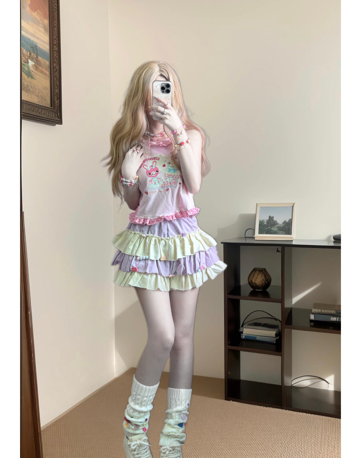 萌妹少女甜美女儿服套装女夏季日系兔兔背心T恤高腰蛋糕蓬蓬短裙