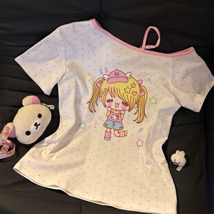 RichGirl少女宅萌系亚文化短袖日系古早漏肩夏季短袖斜肩显瘦上衣