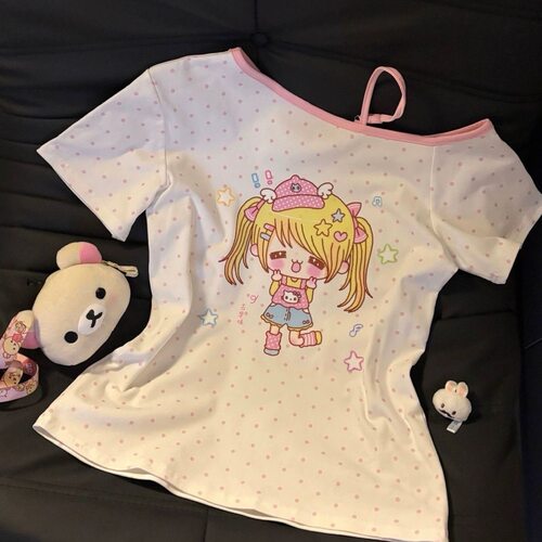 RichGirl少女宅萌系亚文化短袖日系古早漏肩夏季短袖斜肩显瘦上衣